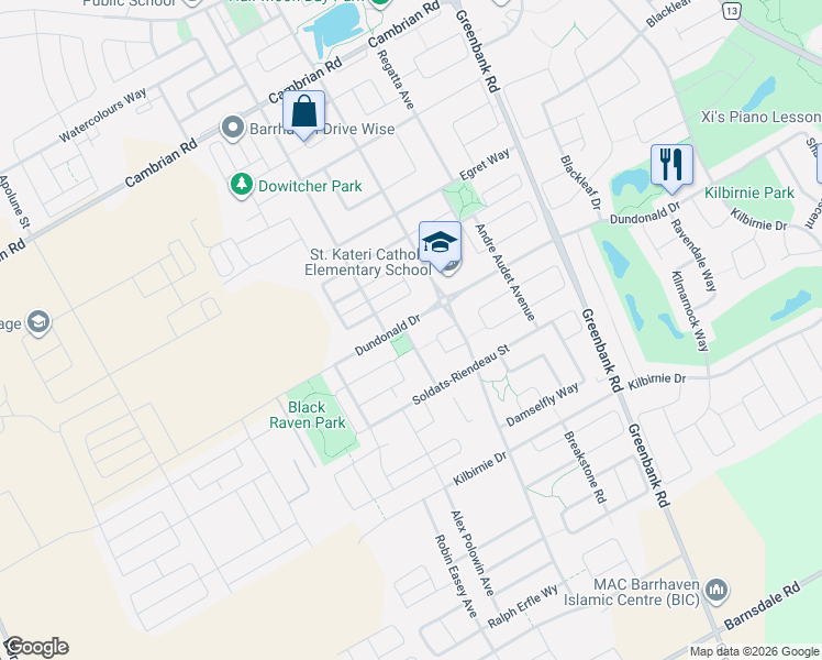map of restaurants, bars, coffee shops, grocery stores, and more near 619 Dundonald Drive in Ottawa
