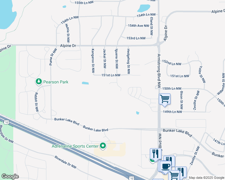 map of restaurants, bars, coffee shops, grocery stores, and more near 15076 Iguana Street Northwest in Ramsey
