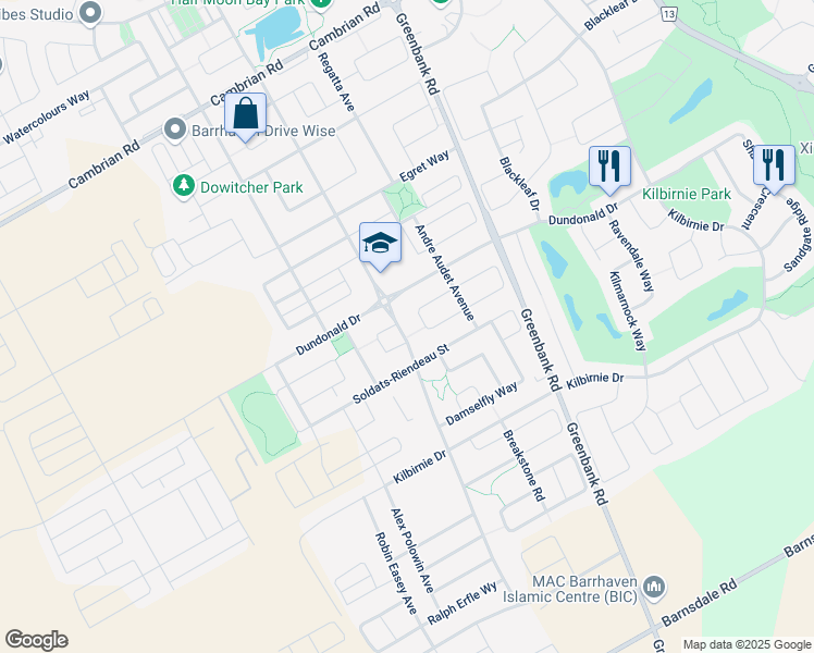 map of restaurants, bars, coffee shops, grocery stores, and more near 2486 River Mist Road in Ottawa