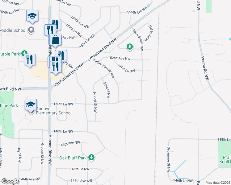 map of restaurants, bars, coffee shops, grocery stores, and more near 15098 Yellow Pine Street Northwest in Andover