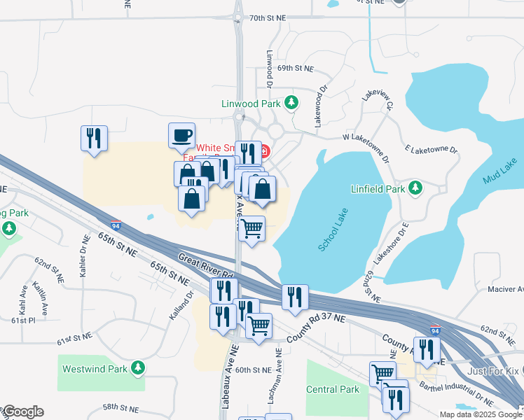 map of restaurants, bars, coffee shops, grocery stores, and more near 6500 Labeaux Avenue Northeast in Albertville
