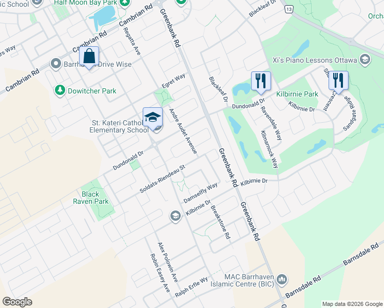map of restaurants, bars, coffee shops, grocery stores, and more near 153 Andre Audet Avenue in Ottawa