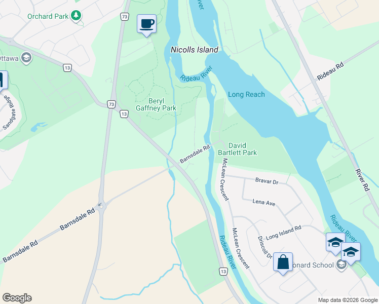 map of restaurants, bars, coffee shops, grocery stores, and more near 3356 Barnsdale Road in Ottawa