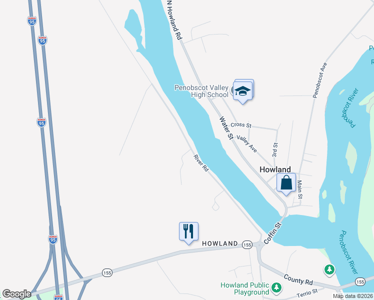 map of restaurants, bars, coffee shops, grocery stores, and more near 58 River Road in Howland