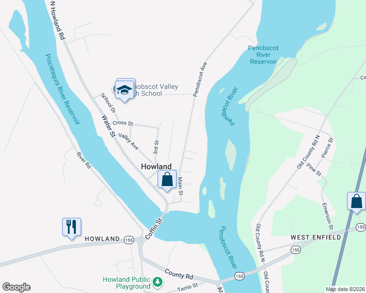 map of restaurants, bars, coffee shops, grocery stores, and more near 108 Penobscot Avenue in Howland
