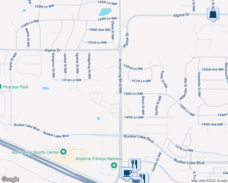 map of restaurants, bars, coffee shops, grocery stores, and more near 15050 Armstrong Boulevard Northwest in Ramsey