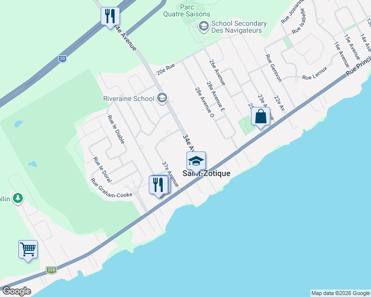 map of restaurants, bars, coffee shops, grocery stores, and more near 215 34e Avenue in Saint-Zotique