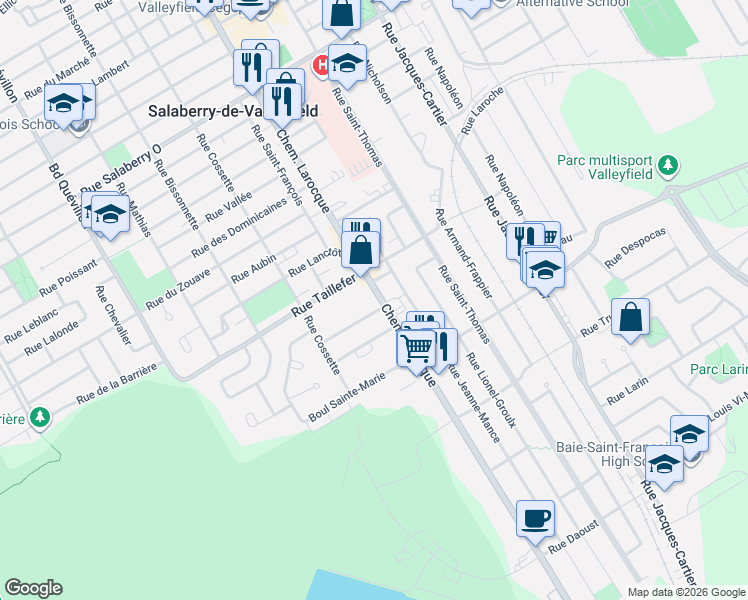 map of restaurants, bars, coffee shops, grocery stores, and more near 350 Chemin Larocque in Salaberry-de-Valleyfield