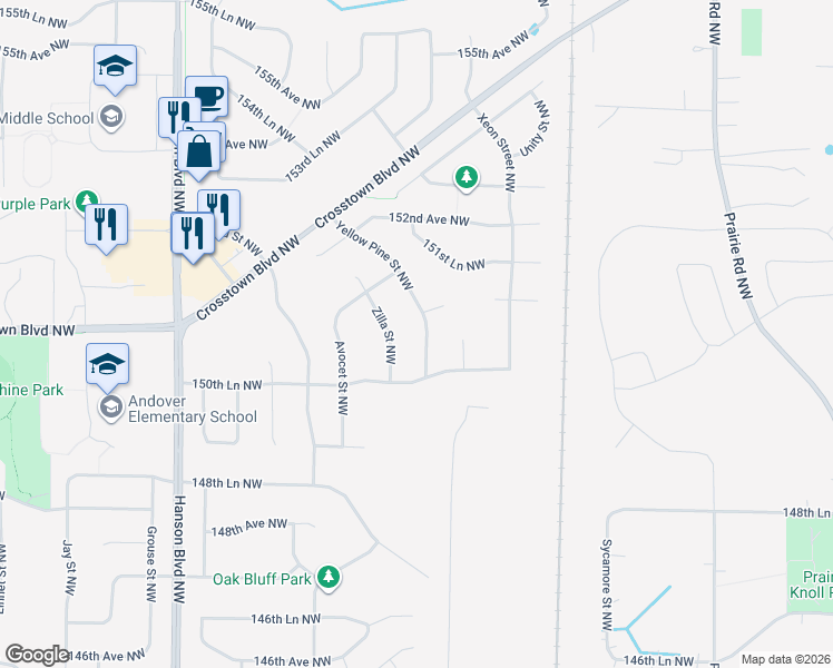 map of restaurants, bars, coffee shops, grocery stores, and more near 15098 Yellow Pine Street Northwest in Andover