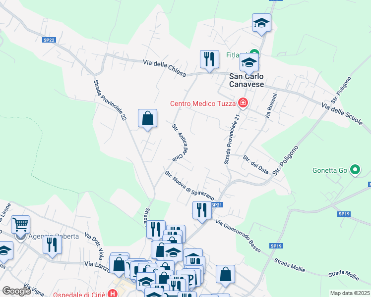 map of restaurants, bars, coffee shops, grocery stores, and more near 24 Strada Antica per Ciriè in San Carlo Canavese