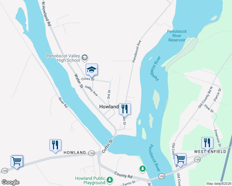 map of restaurants, bars, coffee shops, grocery stores, and more near 17 3rd Street in Howland