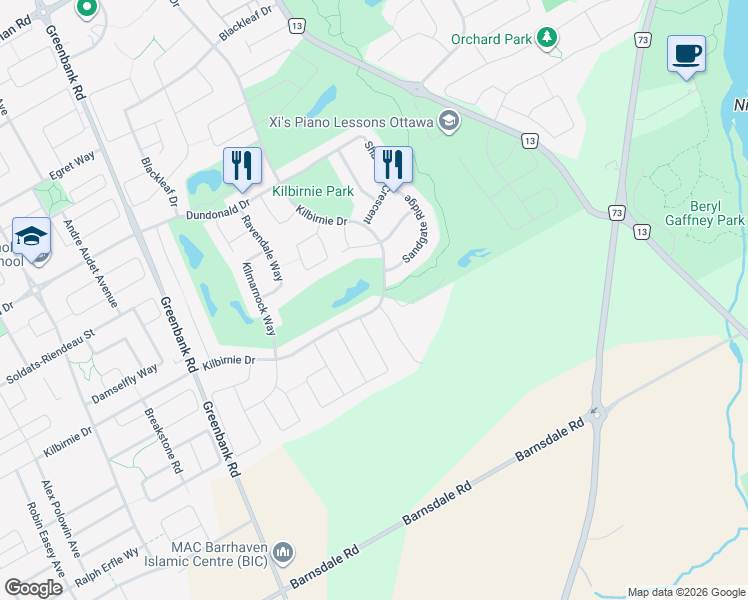 map of restaurants, bars, coffee shops, grocery stores, and more near 756 Kilbirnie Drive in Ottawa