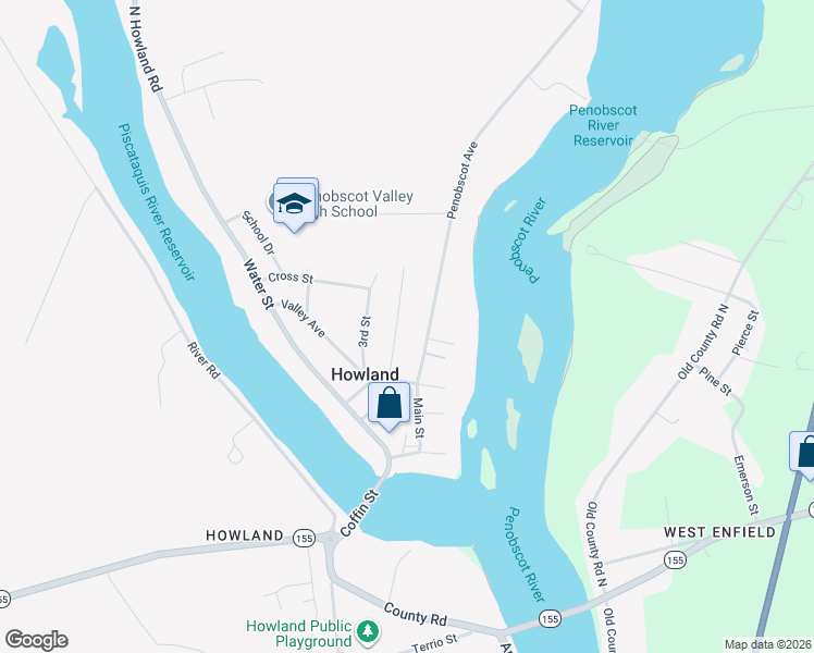 map of restaurants, bars, coffee shops, grocery stores, and more near 108 Penobscot Avenue in Howland