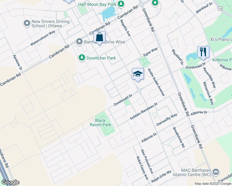 map of restaurants, bars, coffee shops, grocery stores, and more near 535 Snow Goose Street in Ottawa