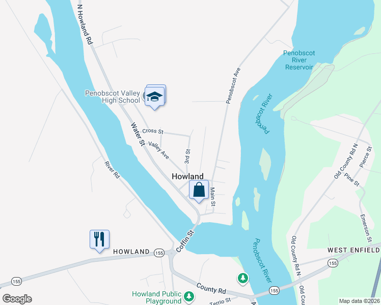 map of restaurants, bars, coffee shops, grocery stores, and more near 17 3rd Street in Howland