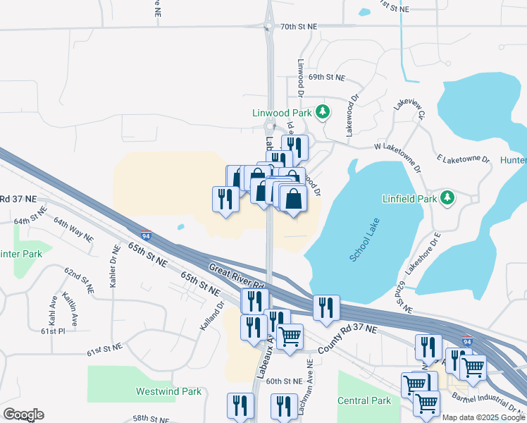 map of restaurants, bars, coffee shops, grocery stores, and more near 6500 Labeaux Avenue Northeast in Albertville