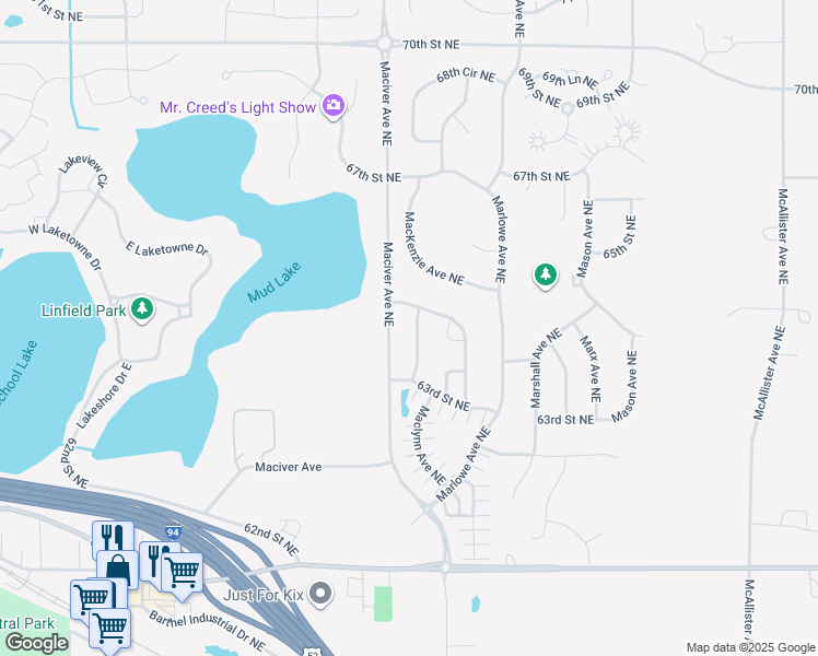 map of restaurants, bars, coffee shops, grocery stores, and more near 6447 MacLaren Avenue Northeast in Otsego
