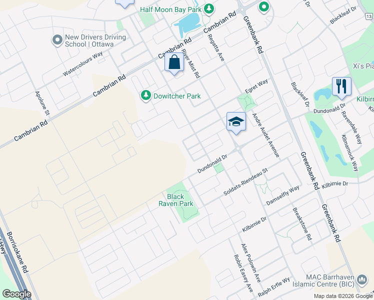 map of restaurants, bars, coffee shops, grocery stores, and more near Mayfly Crescent in Ottawa