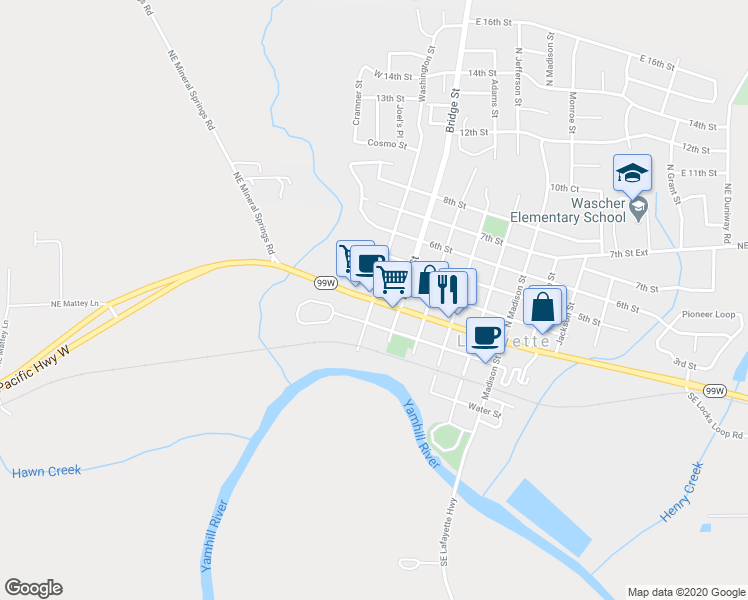 map of restaurants, bars, coffee shops, grocery stores, and more near 298 Washington Street in Lafayette