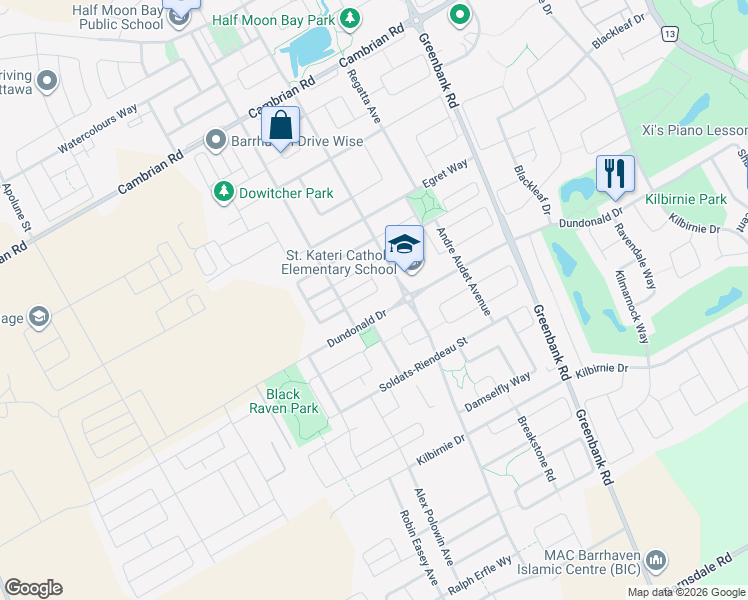 map of restaurants, bars, coffee shops, grocery stores, and more near 626 Bluegill Avenue in Ottawa