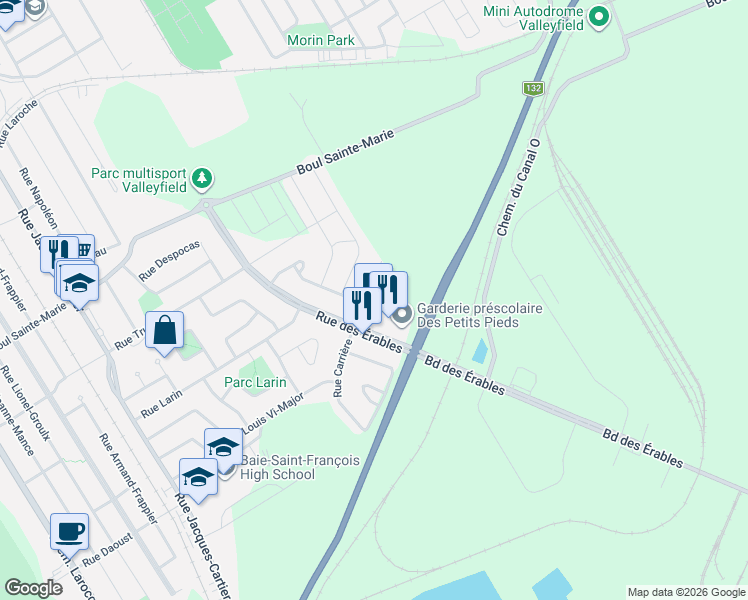 map of restaurants, bars, coffee shops, grocery stores, and more near 200 Rue Carrière in Salaberry-de-Valleyfield