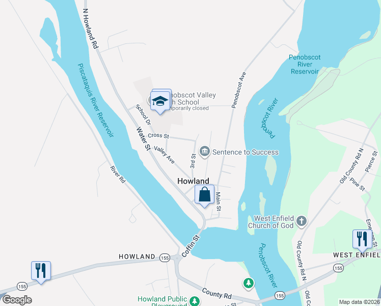 map of restaurants, bars, coffee shops, grocery stores, and more near 6 3rd Street in Howland