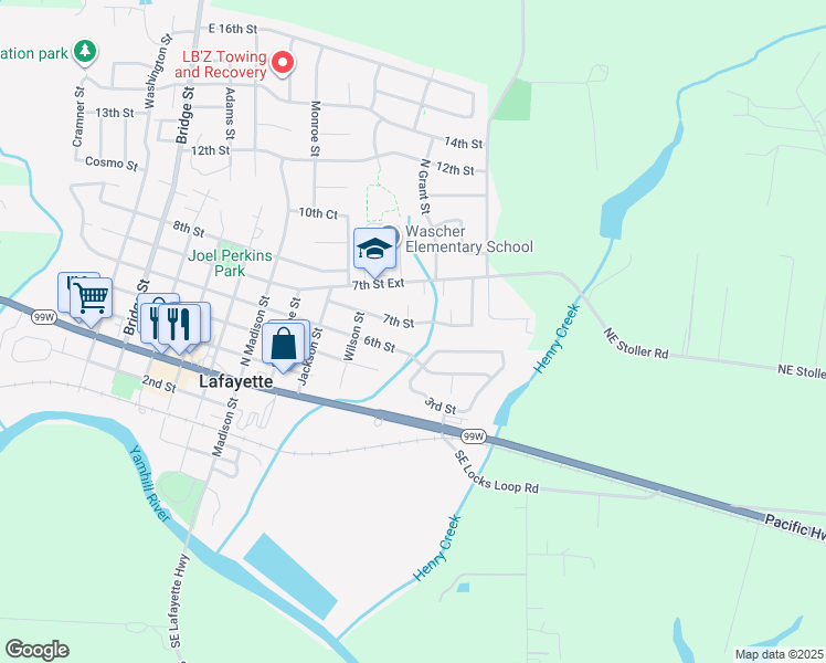 map of restaurants, bars, coffee shops, grocery stores, and more near 1091 7th Street in Newberg