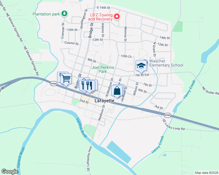 map of restaurants, bars, coffee shops, grocery stores, and more near 5th Street in Lafayette