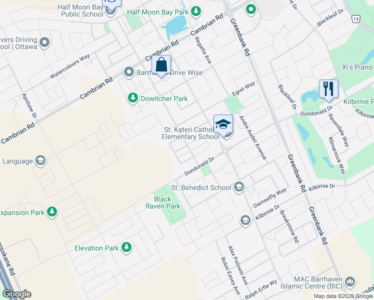 map of restaurants, bars, coffee shops, grocery stores, and more near 530 Snow Goose Street in Ottawa