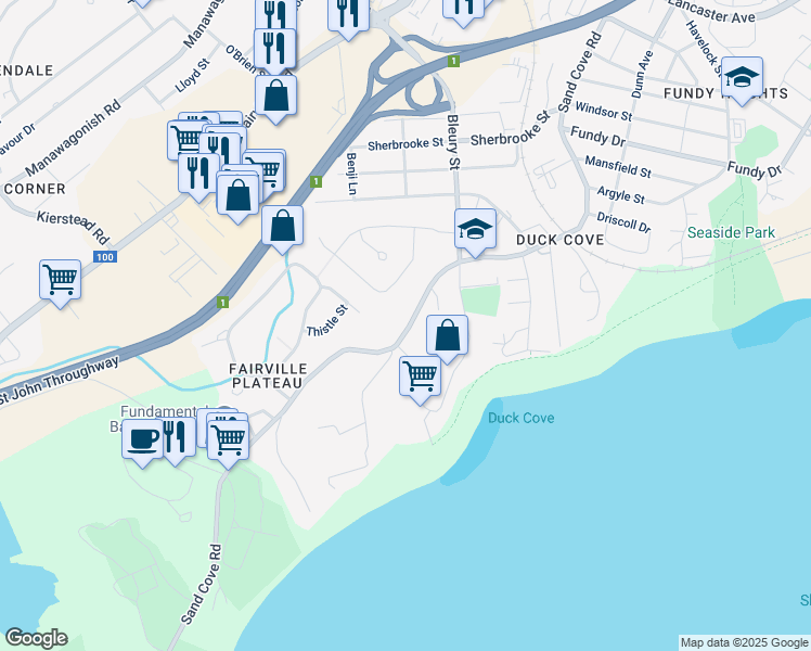 map of restaurants, bars, coffee shops, grocery stores, and more near 940 Sand Cove Road in Saint John