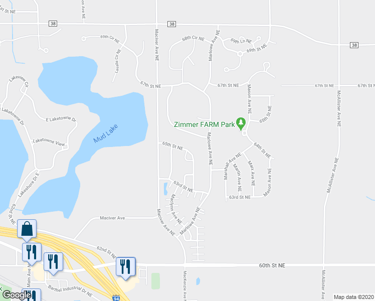 map of restaurants, bars, coffee shops, grocery stores, and more near 6496 Manchester Avenue Northeast in Otsego
