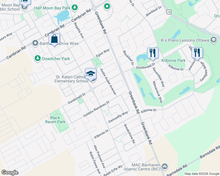 map of restaurants, bars, coffee shops, grocery stores, and more near 165 Andre Audet Avenue in Ottawa