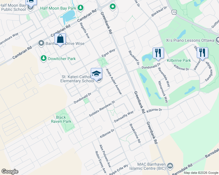 map of restaurants, bars, coffee shops, grocery stores, and more near 27 Pondhawk Way in Ottawa