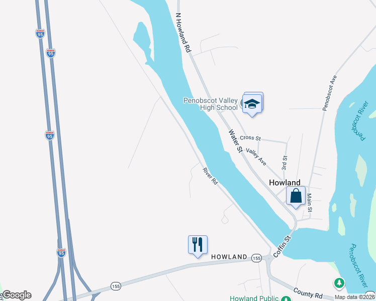 map of restaurants, bars, coffee shops, grocery stores, and more near 58 River Road in Howland