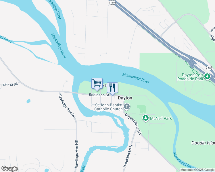 map of restaurants, bars, coffee shops, grocery stores, and more near 18530 Robinson Street in Dayton