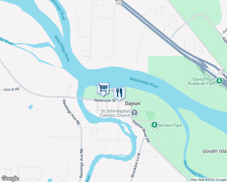 map of restaurants, bars, coffee shops, grocery stores, and more near 18530 Robinson Street in Dayton