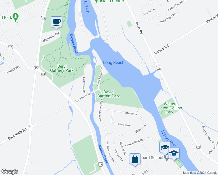 map of restaurants, bars, coffee shops, grocery stores, and more near 5201 McLean Crescent in Ottawa