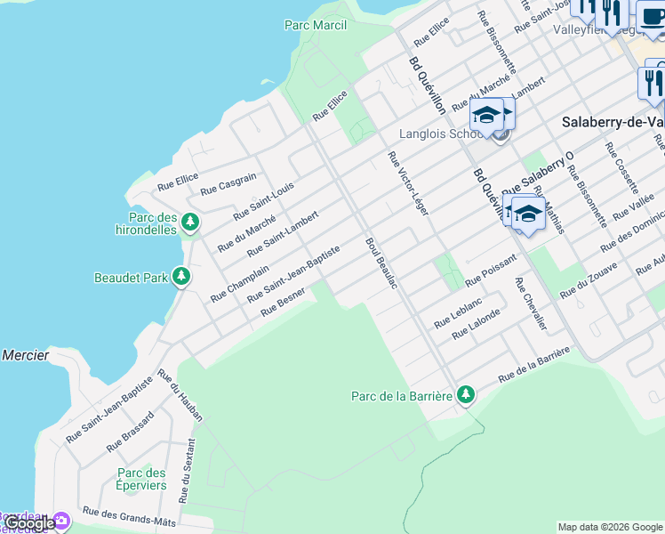 map of restaurants, bars, coffee shops, grocery stores, and more near 572 Rue Besner in Salaberry-de-Valleyfield