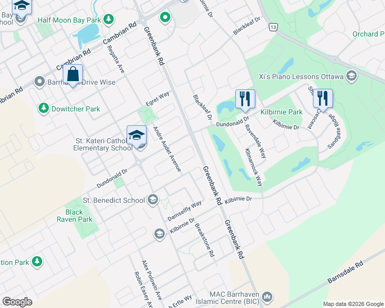 map of restaurants, bars, coffee shops, grocery stores, and more near 126 Switch Grass Crescent in Ottawa