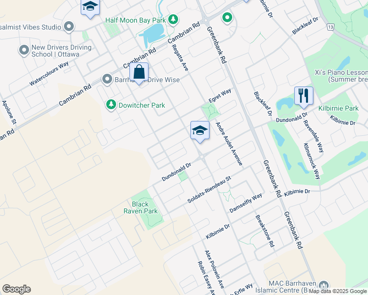map of restaurants, bars, coffee shops, grocery stores, and more near Bluegill Avenue in Ottawa