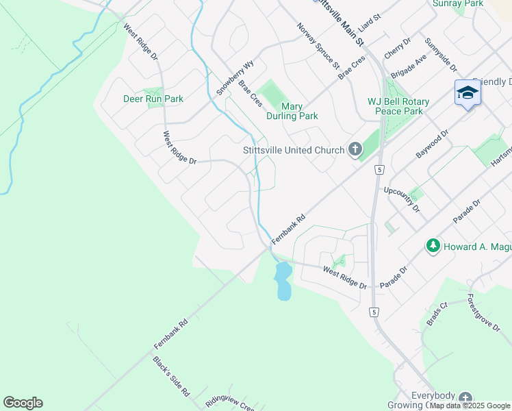 map of restaurants, bars, coffee shops, grocery stores, and more near 383 West Ridge Drive in Ottawa