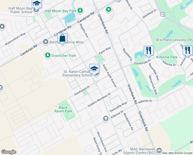map of restaurants, bars, coffee shops, grocery stores, and more near 2450 River Mist Road in Ottawa
