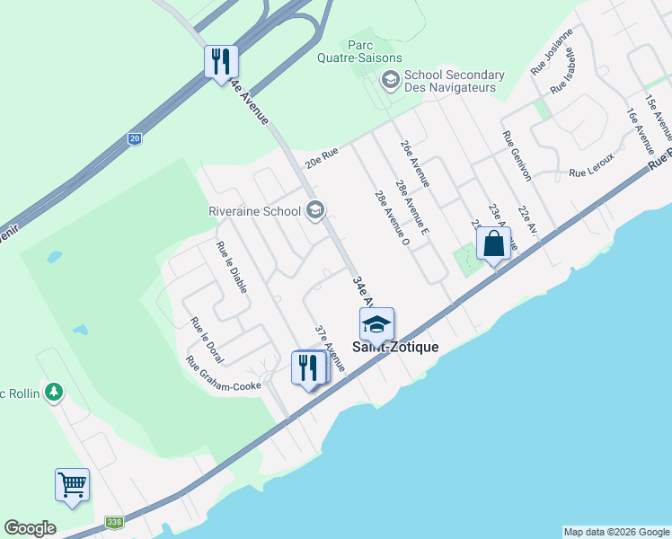 map of restaurants, bars, coffee shops, grocery stores, and more near 333 37e Av in Saint-Zotique