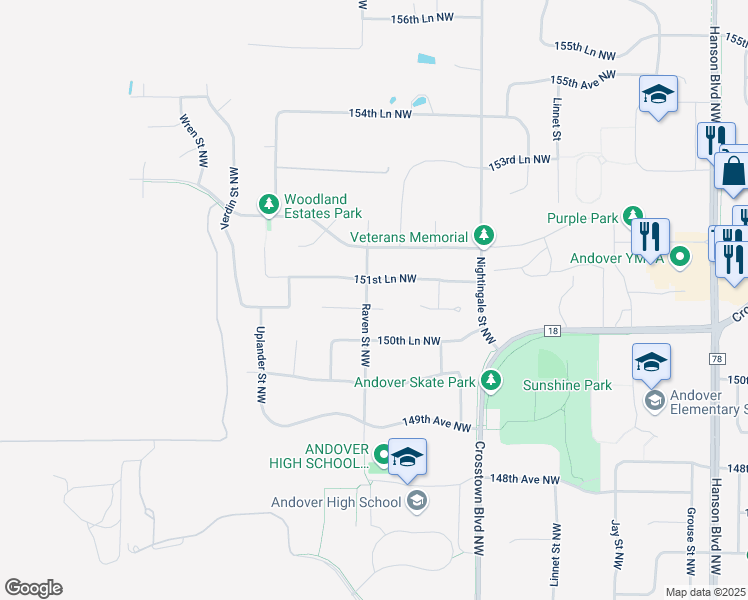 map of restaurants, bars, coffee shops, grocery stores, and more near 2182 151st Lane Northwest in Andover