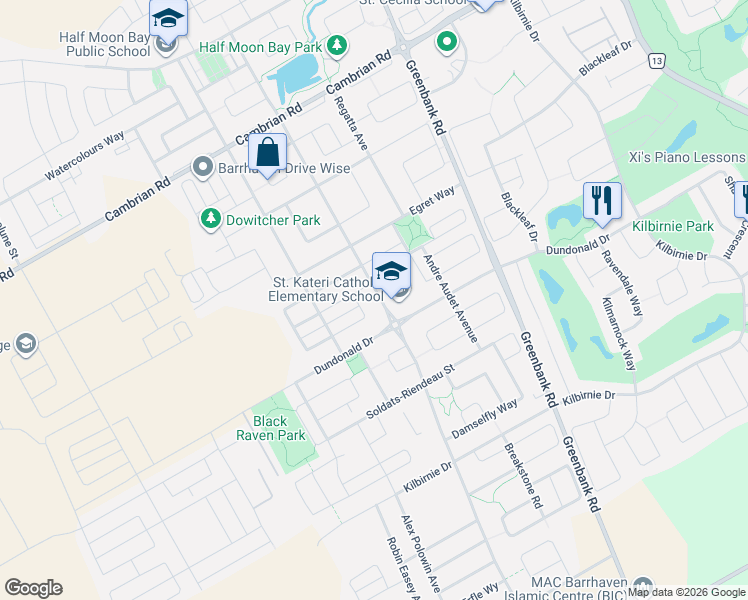 map of restaurants, bars, coffee shops, grocery stores, and more near 2435 River Mist Road in Ottawa