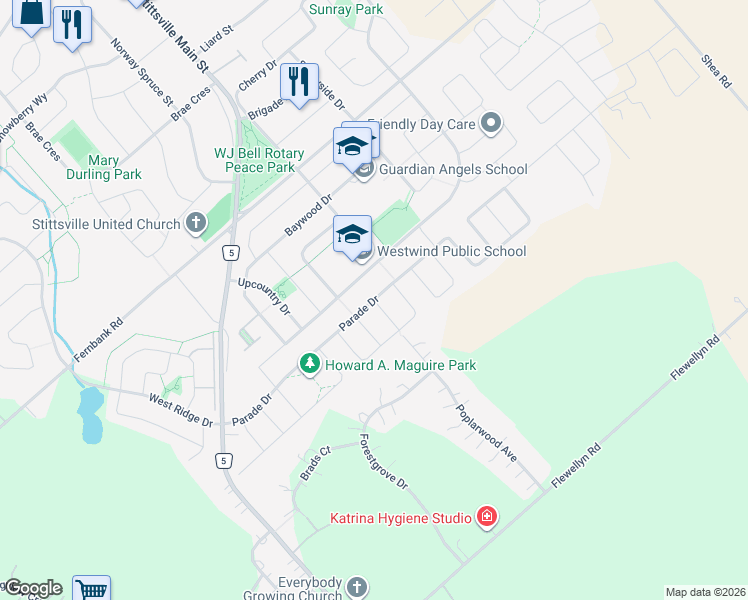 map of restaurants, bars, coffee shops, grocery stores, and more near 620 Parade Drive in Ottawa