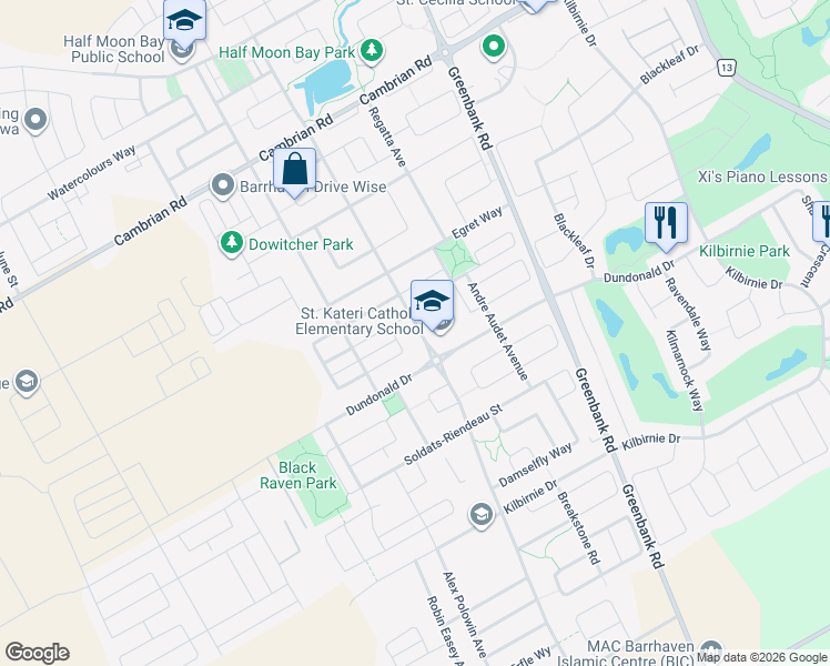 map of restaurants, bars, coffee shops, grocery stores, and more near 2450 River Mist Road in Ottawa