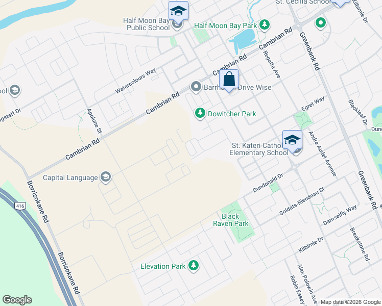map of restaurants, bars, coffee shops, grocery stores, and more near 259 Pastel Way in Ottawa