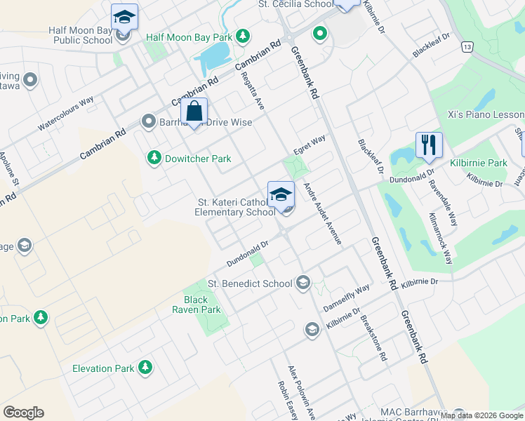 map of restaurants, bars, coffee shops, grocery stores, and more near 407 White Arctic Avenue in Ottawa