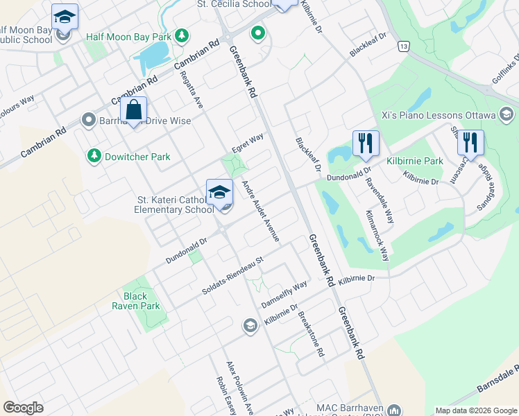 map of restaurants, bars, coffee shops, grocery stores, and more near Andre Audet Avenue in Ottawa